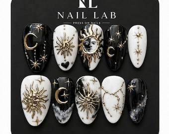 Celestial Press On Nails Black White Marble Gold Sun Moon Stars Short Almond