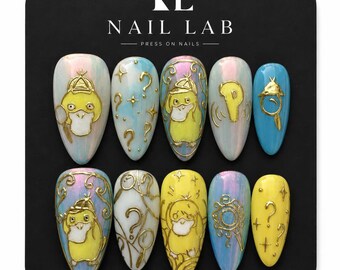 Kawaii Duck Press On Nails | Cute Mystery Duck Nails | Gold Chrome Hand Painted Nails | Cute Animal Nails | Handmade Reusable Nail Set