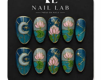 Lotus Moon Press On Nails Teal Hand Painted Gold Line Art Pointed Short Almond