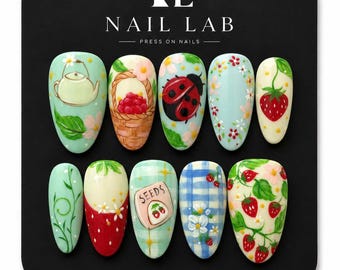 Spring Garden Press On Nails Cottagecore Strawberry Gingham Glossy Mint Green Short Almond
