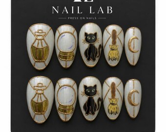 Witchy Black Cat Press On Nails Stained Glass Pearl Gold Fine Line Short Almond