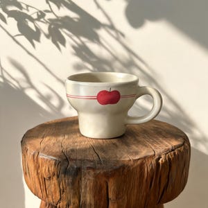 Handmade Ceramic Apple Coffee Mug, Hand Painted Cute Fruit Tea Cup, Retro Cottagecore Pottery Mug, Unique Birthday Gift for Her.