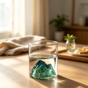 Op de afbeelding: Een helder glazen beker met een gebeeldhouwde, driedimensionale bergtop aan de basis. De berg is gemaakt van doorschijnend groen glas met een glad, gefacetteerd oppervlak dat vanaf de bodem van het glas omhoog komt.
