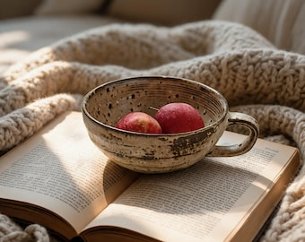 Handmade Ceramic Bowl with Handle, Large Pottery Soup Mug, Rustic Breakfast Oatmeal Bowl, Cozy Cottagecore Kitchen Gift for Her.