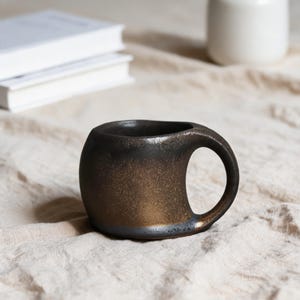 Handmade Chubby Ceramic Espresso Cup with Chunky Handle, Wabi Sabi Sculptural Demitasse, Metallic Bronze Pottery Mug, Gift for Coffee Lover.