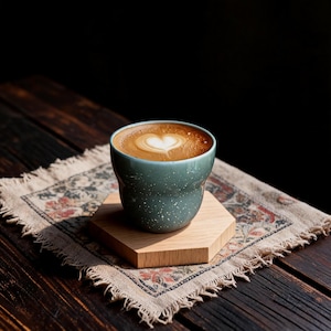 Könnte beinhalten: Ein gesprenkelter, salbeigrüner Keramikbecher gefüllt mit Kaffee und einem herzförmigen Latte-Art-Motiv. Der Becher steht auf einem hellen, sechseckigen Holzuntersetzer, der auf einer kleinen, rechteckigen Stoffmatte mit Fransen und Blumenmuster liegt.
