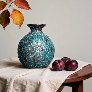 Könnte beinhalten: Eine runde Vase mit einer Mosaikoberfläche aus türkisfarbenen, blauen und grauen Glasstücken. Die Vase hat einen schmalen Hals und einen dunklen Rand. Drei dunkelviolette Pflaumen liegen rechts neben der Vase auf einem hellen Stoff.