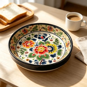 May include: A round ceramic bowl with a cream-coloured interior featuring a hand-painted floral pattern in shades of red, yellow, blue, and green. The bowl has a solid black exterior rim and a deep basin, showcasing intricate botanical motifs.