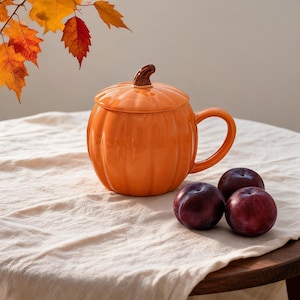 Peut inclure: Un mug en céramique orange brillant en forme de citrouille, doté d'un couvercle assorti avec une poignée en forme de tige brune et d'une anse latérale. Trois prunes violet foncé sont placées devant le mug sur un tissu clair.
