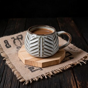 Handmade Ceramic Coffee Mug with Leaf Carving, Rustic Stoneware Espresso Cup 160ml, Housewarming Gift for Her, Cozy Pottery Tea Mug