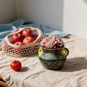 Handmade Ceramic Succulent Planter with Handles, Vintage Tribal Small Plant Pot, Southwestern Boho Pottery Urn, Housewarming Gift for Her.