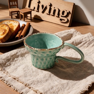 Handmade Ceramic Coffee Mug, Mint Green Dimpled Pottery Cup with Large Handle, Organic Wabi Sabi Tea Cup, Aesthetic Gift for Her,