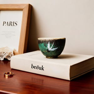 Handmade Ceramic Crane Tea Cup, Japanese Wabi Sabi Tea Cup , Vintage Emerald Glaze Pottery Teacup, Unique Tea Lover Gift for Him Her