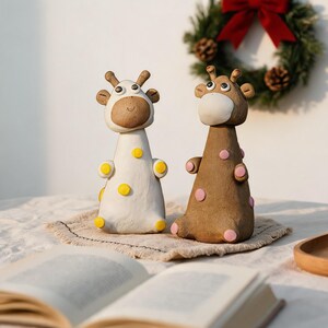 Statuetta di giraffa in ceramica fatta a mano, simpatica coppia di animali, graziosa piccola decorazione da scrivania in ceramica, regalo unico per l'inaugurazione di una nuova casa per gli amanti degli animali.