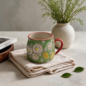 Handmade Ceramic Flower Mug 15oz, Large Botanical Pottery Coffee Cup, Cute Cottagecore Floral Tea Mug, Unique Birthday Gift for Her.