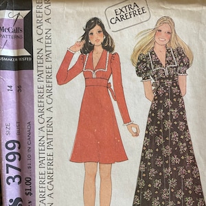 Vintage 1970's McCall's 3799 Sewing Pattern Size 12 Bust 34 or Size 14 Bust 36