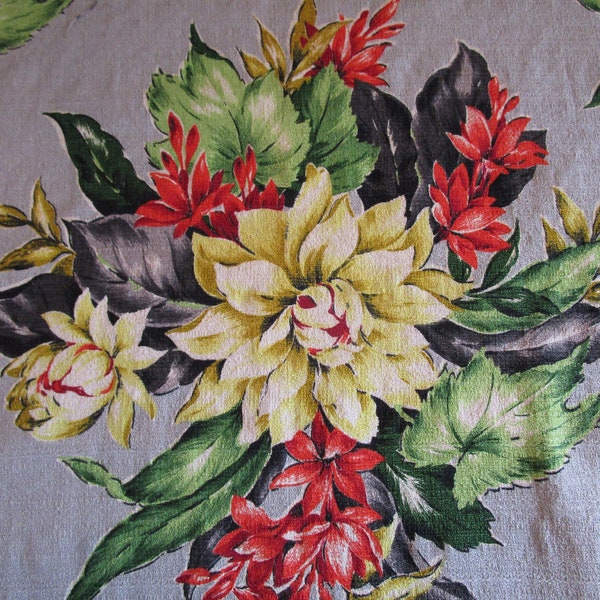 CLEARANCE  1940's 1950's Mid Century Barkcloth Yellow Grey Red Green Floral Cotton Fabric Panels, 2 available