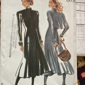 May include: Vintage New Look 6018 sewing pattern featuring illustrations of two women in elegant dresses. The pattern includes measurements and details from Northwest Fabrics & Crafts, Davenport, Iowa.