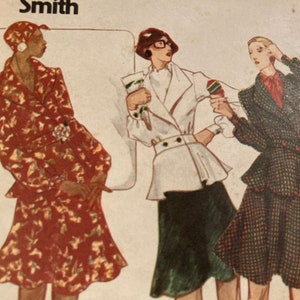 May include: Vintage fashion illustration featuring three figures in stylish outfits. One figure wears a red floral print suit, another a white jacket and green skirt, and the third a plaid suit. The illustration is from a "Smith" pattern.