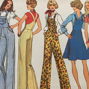 May include: Four women wearing different styles of dungarees. The dungarees are in blue and white stripes, beige, floral print, and denim. The women are wearing different tops, including a white blouse, a red short-sleeved shirt, a white blouse with a red scarf, and a blue long-sleeved shirt.