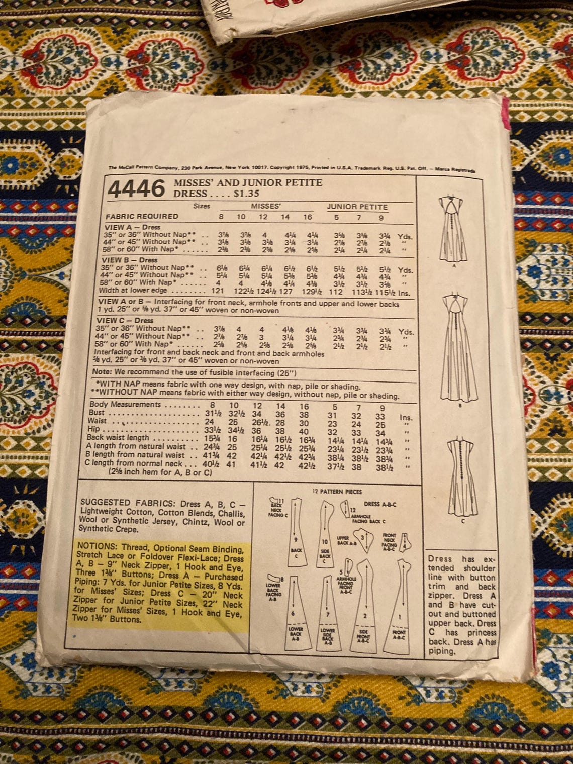 Vintage 1970's Mccall's 4446 Sewing Pattern Size 12 Bust 34 - Etsy
