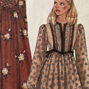 May include: A long-sleeved dress featuring a tan base with a blue floral print, a dark brown V-neckline trim, and brown vertical bands. The bodice includes a light-colored checkered panel, while the waist is cinched with a brown tie-side detail.