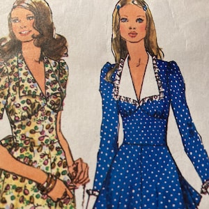 Può includere: Illustrazione di due abiti. Uno è una stampa floreale gialla con maniche corte e scollo a V. L'altro è un abito blu a pois con maniche lunghe, colletto bianco e polsini bianchi. Entrambi gli abiti hanno uno stile vintage.