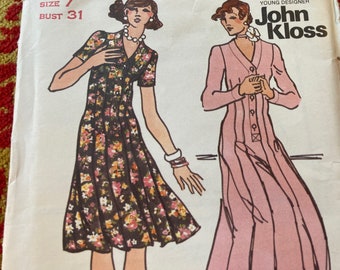 Vintage 1970's Butterick 3400 John Kloss Dress Sewing Pattern, Size 7 Bust 31
