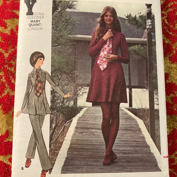 Vintage 1970's Butterick 5912 Designer Mary Quant Dress and Neck Scarf Sewing Pattern Size 9 Bust 32 or Size 14 Bust 36