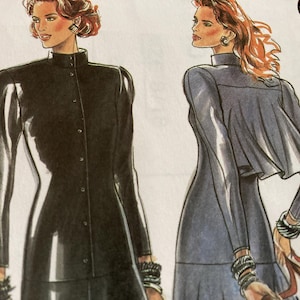 May include: Illustration of two women wearing long-sleeved dresses with high collars. One dress is black with buttons, the other is blue-gray with a cape-like detail. The image is a vintage sewing pattern.
