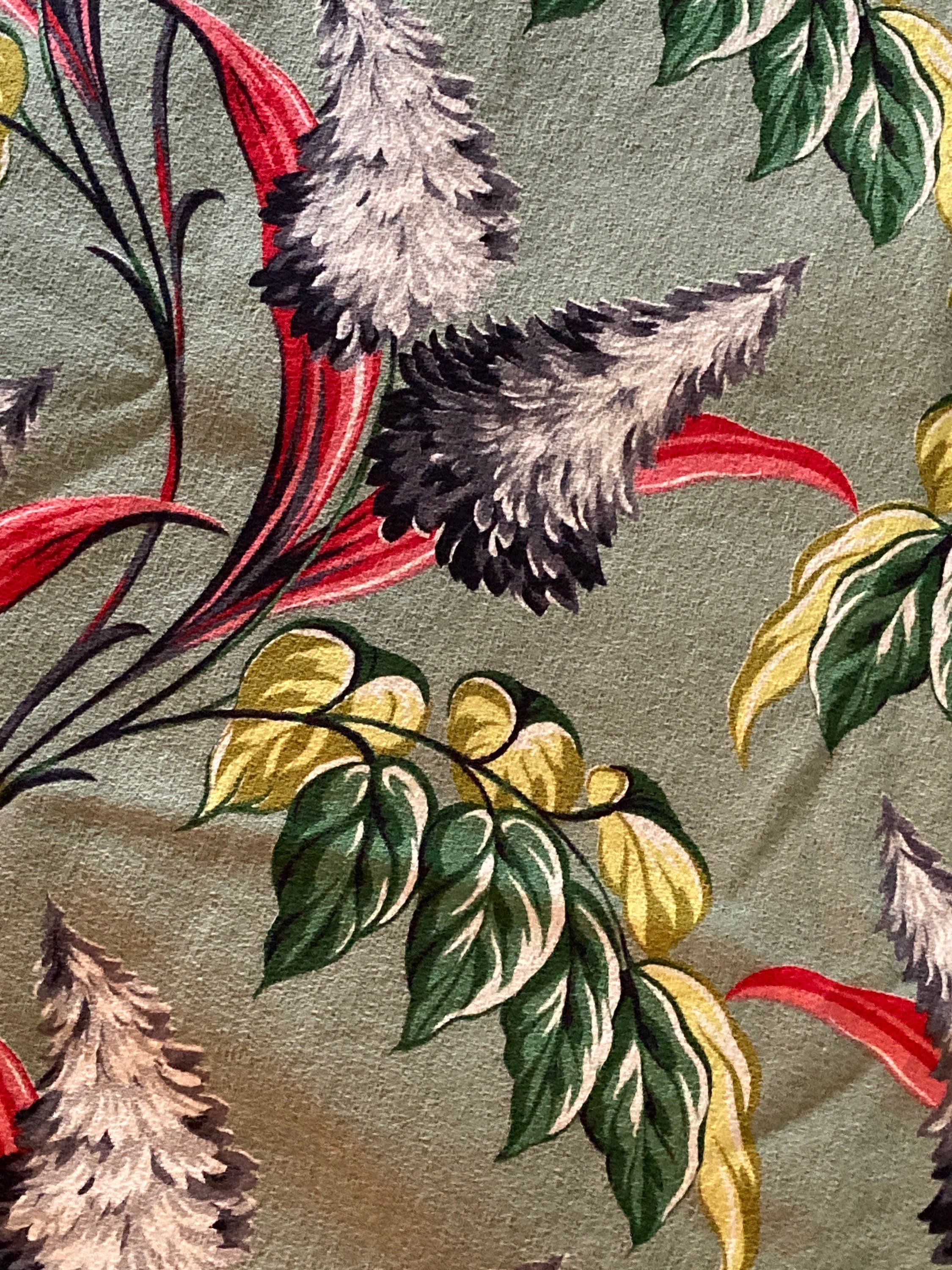 Vintage 1940's 50's Red Grey Black Chartreuse Green Aqua Large Scale Tropical Floral Barkcloth Panel 2 yards+