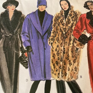 May include: Illustration of four long coats in different colors and patterns. The coats include a black coat with a fur collar, a purple coat, a leopard print coat, and a red coat with a black fur collar.
