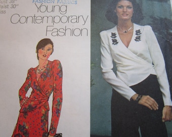 Vintage 1970's Simplicity 6142 Front-Wrap Top, Short Skirt and Pants Sewing Pattern Size 14 Bust 36