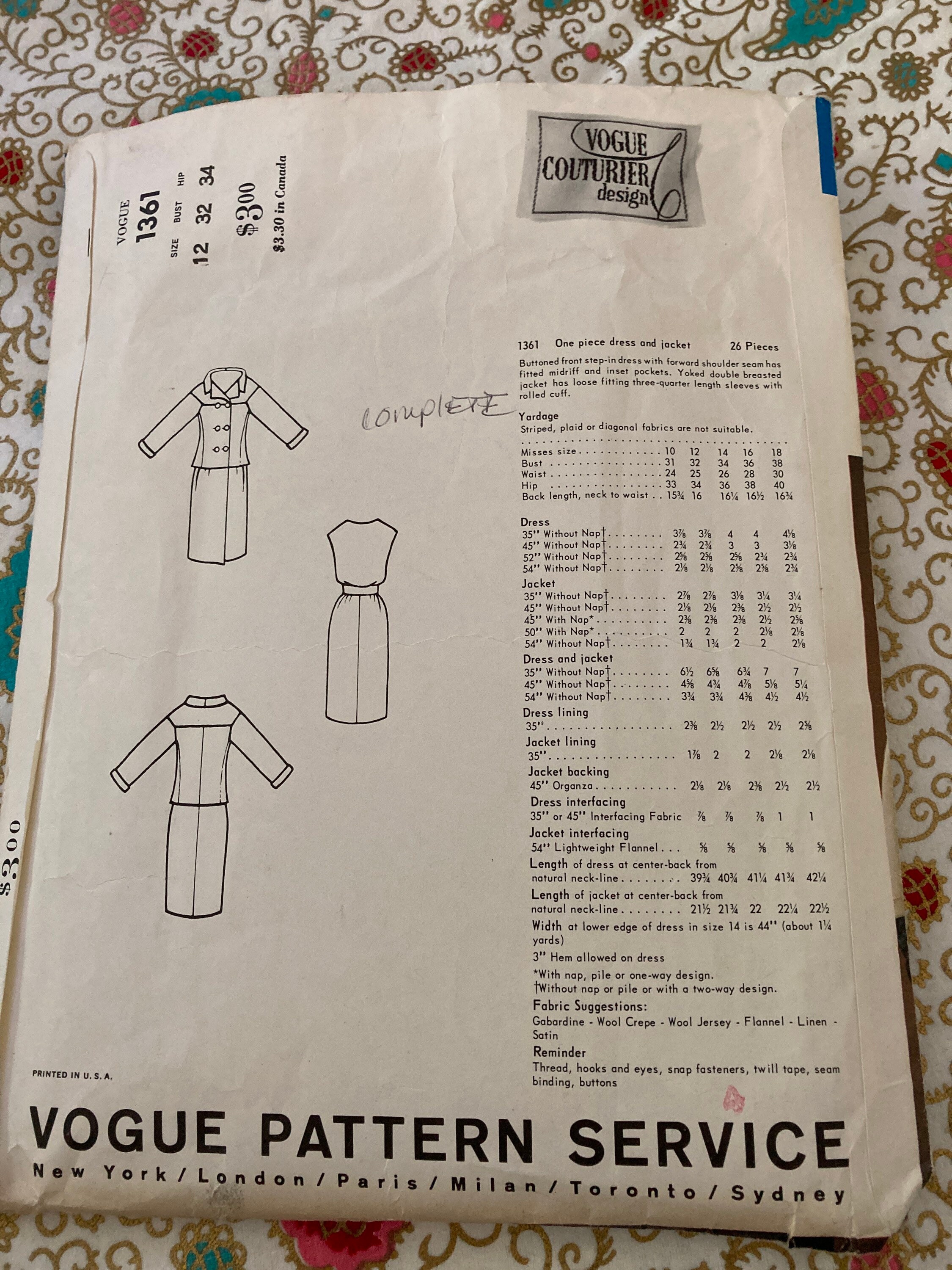 RARE Vintage 1960s Vogue 1361 Couturier Design Galitzine Sewing Pattern ...