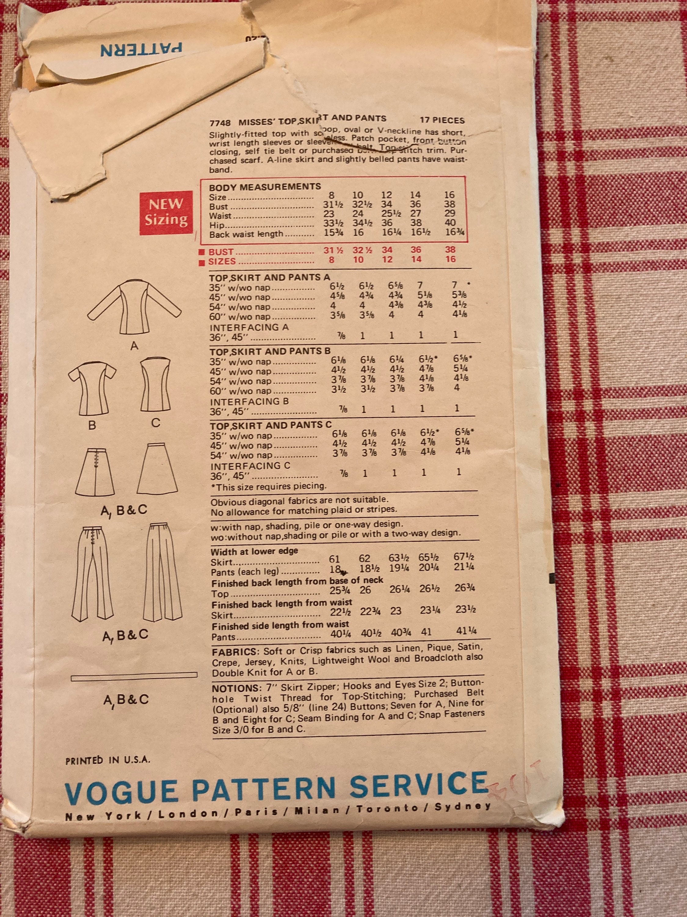 1970’s Vogue 7748 Sewing pattern Ladies jacket tunic top flared trousers mini skirt Cut size 12 bust 34in