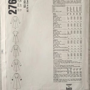Op de afbeelding: Vintage Vogue patroon 2764 voor damesjurken. Het patroon bevat verschillende jurkstijlen met mouwvariaties en kraagopties. Geschikt voor breisels, het bevat lichaamsmaten en stofvereisten.