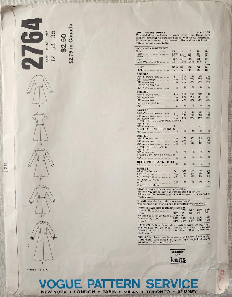 Op de afbeelding: Vintage Vogue patroon 2764 voor damesjurken. Het patroon bevat verschillende jurkstijlen met mouwvariaties en kraagopties. Geschikt voor breisels, het bevat lichaamsmaten en stofvereisten.