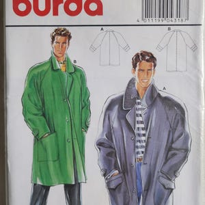 May include: A Burda sewing pattern packet featuring illustrations of two men's coats. One coat is green, the other is dark blue. The packet includes the Burda logo, size information, and a barcode.