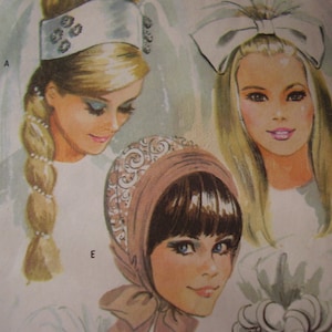 May include: Three women's hairstyles with different headwear. The first woman has a white headband with a pearl design and a long braid. The second woman has a white bow headband. The third woman has a brown hat with a white floral design.