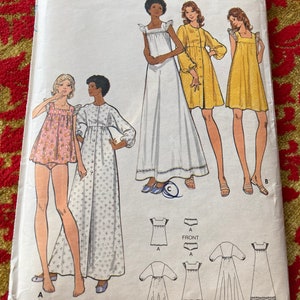 May include: Vintage sewing pattern featuring illustrations of sleepwear designs. The pattern includes a long white nightgown, a yellow button-down robe, a short yellow nightdress, and a pink floral romper with matching underwear. The pattern is for women's clothing.
