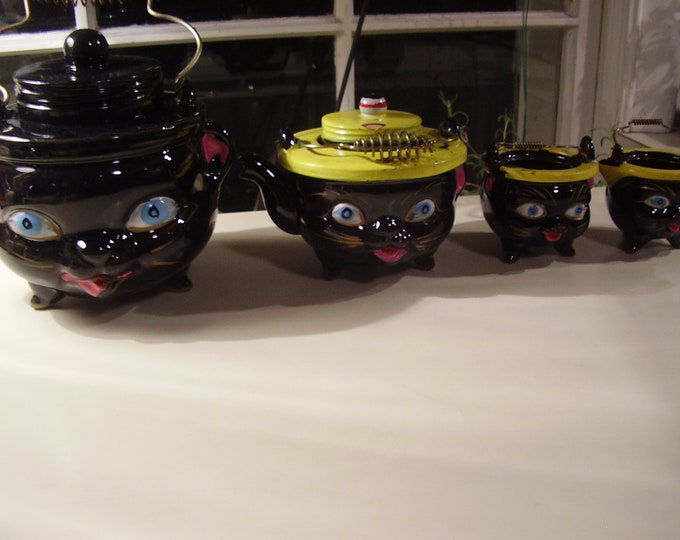 Vintage 1940s 1959s Black Cat Redware Tea Pot and Cream and Etsy