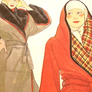 May include: Illustration of two vintage coats. One is gray with black trim and a red accent, the other is red with a plaid lining. Both coats have a belted waist and large pockets, showcasing a classic, retro style.