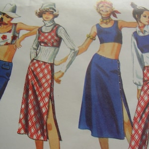 May include: Four women's fashion illustrations featuring different styles of tops and skirts. The illustrations are in a vintage style and feature a variety of colors and patterns.