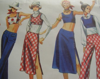 Vintage 1970's Simplicity 9314 Hip-Hugger Pants, Midi-Skirt and Top Sewing Pattern, Size 12 Bust 34