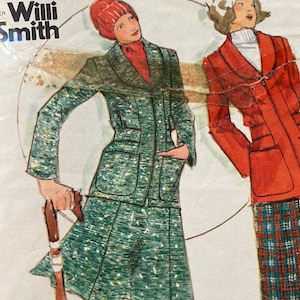 May include: A vintage sewing pattern featuring two women's outfits. The first outfit is a green and gold patterned jacket and skirt. The second outfit is a red jacket with a black collar and plaid pants. The pattern is from "Young Designer Willi Smith".
