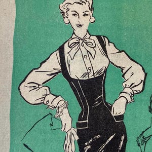 May include: Illustration of a woman in a vintage outfit. She wears a white blouse with a bow tie, a black corset, and a pencil skirt. The drawing is in black and white with a green background. The woman has her hands on her hips.