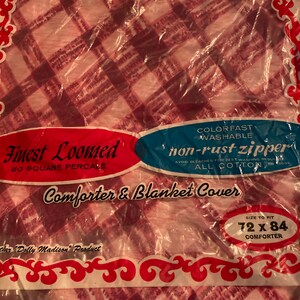 May include: A pink and white gingham comforter and blanket cover with a non-rust zipper. The packaging says "Finest Loomed 80 Square Percale" and "Colorfast Washable". The size is 72 x 84 inches.