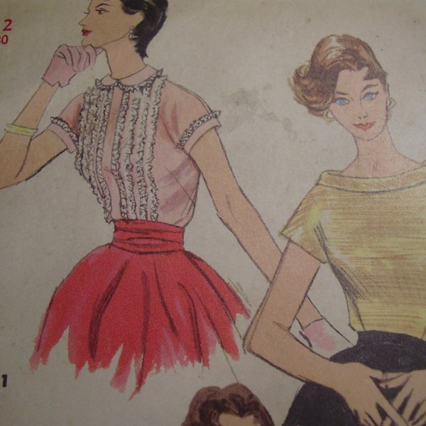 Vintage 1950's Simplicity 1587 Blouse Sewing Pattern, Size 12, Bust 30
