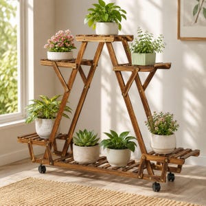 Supporto per piante in legno da 81 cm con ruote, scaffale per piante da interno ed esterno a 6 ripiani, espositore per vasi di fiori con ruote