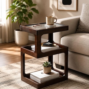 Mesa auxiliar de madera maciza de pino, tablero acrílico estriado, mesa auxiliar retro de 3 niveles.